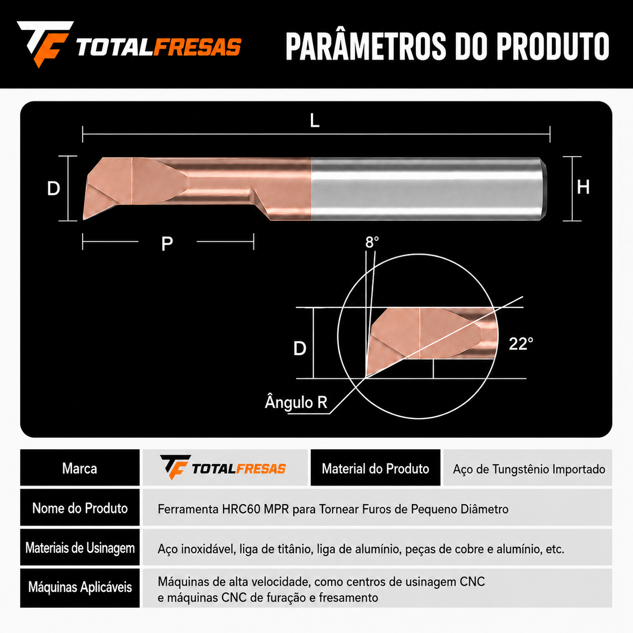 Ferramenta de Tornear Furos Pequenos MPR HRC60 em Metal Duro-Tungstênio